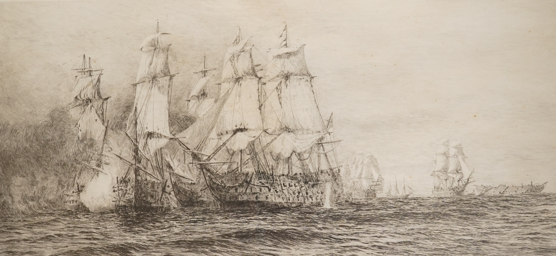 William Lionel Wyllie (1851-1931), The Battle of Trafalgar, each signed in pencil, set of three drypoint etchings, 21 x 40cm